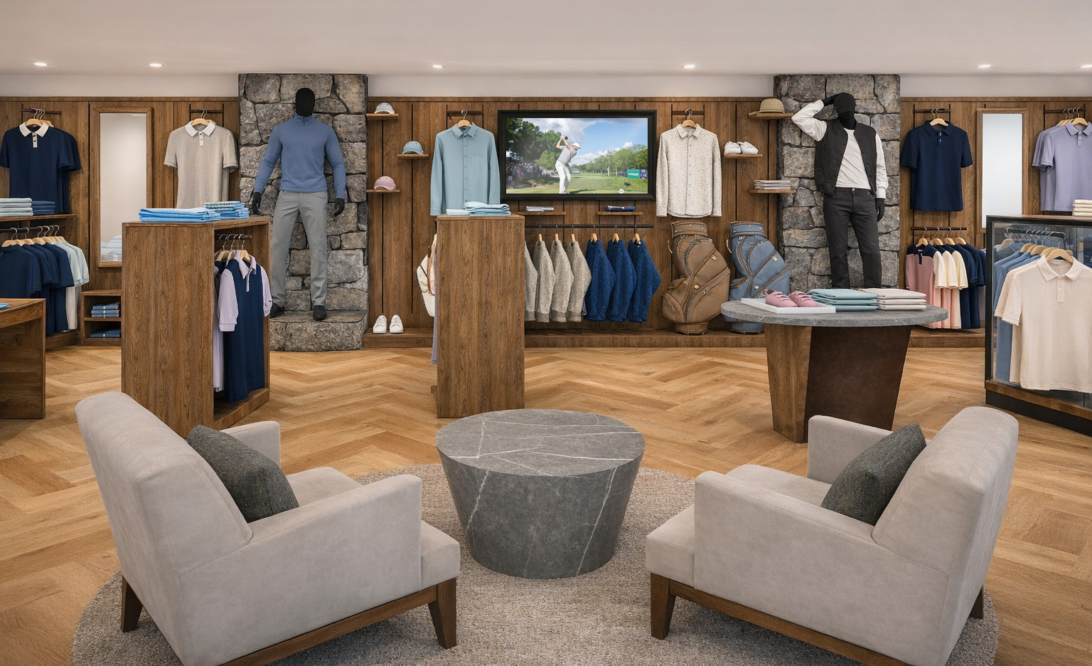 Back wall merchandising unit with dark wood and stone elements.