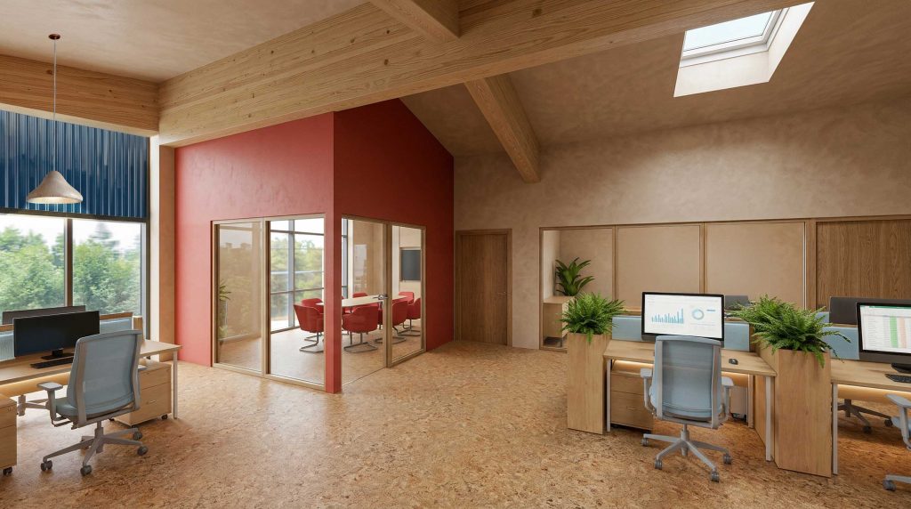 Digital render of an office space with large windows to the left and blue fluted tiles above them. A conference room appears inserted in a bright red-pink colour against the neutrals of the cork floor, beige walls, and mid-tone glulam beams.