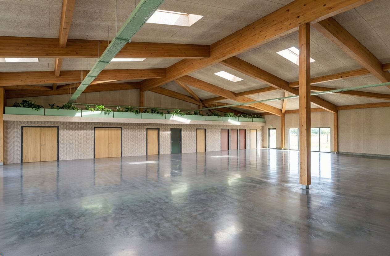 Render of a large conference space with polished concrete floor, laser-etched "IN" pattern on the back wall which has ash doors, and pastel green planters, a glulam structure, and celenit ceiling panels.